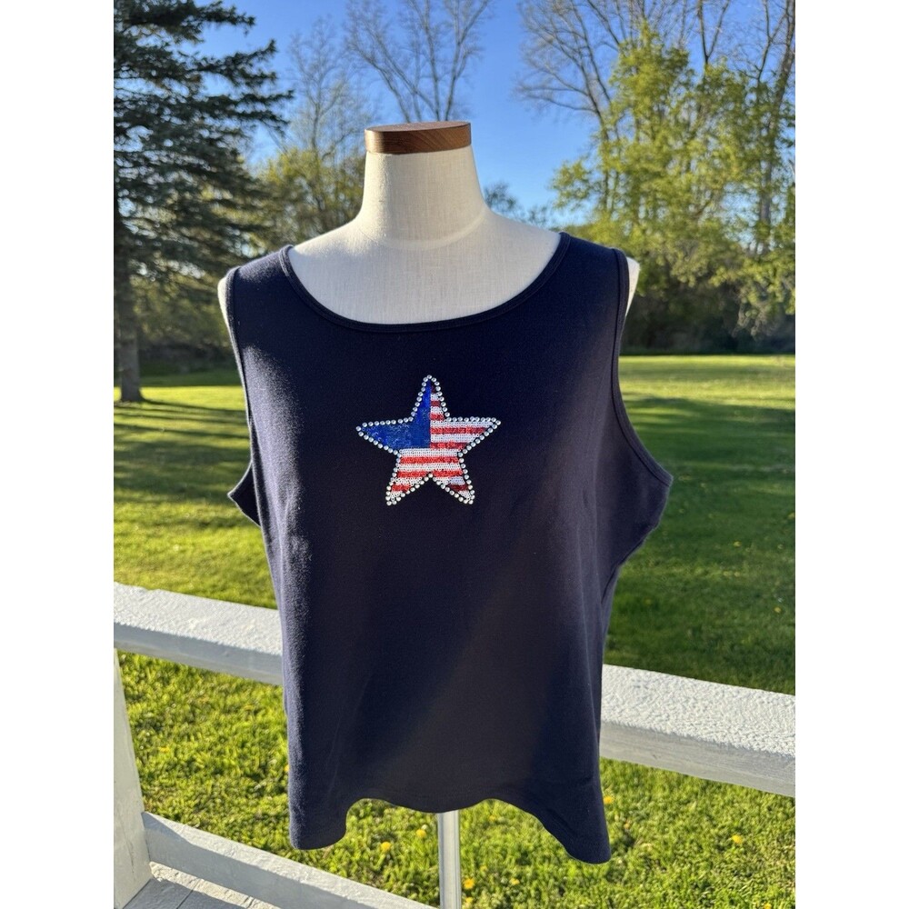 Karen Scott Navy Patriotic Embellished Sequin Star Shirt Womens X-Large